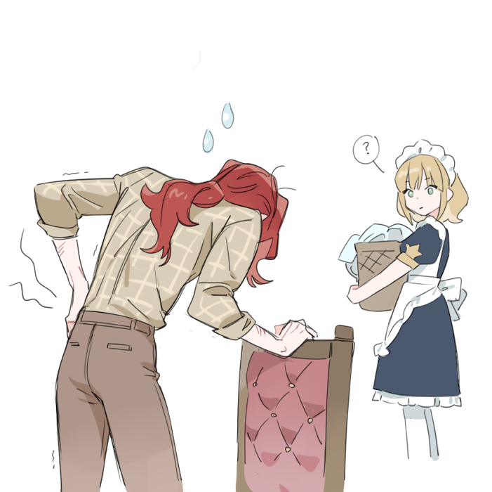 1boy, 1girl, ?, apron, arm_hair, back_pain, basket, blonde_hair