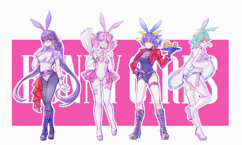 4girls, :d, ahoge, belt, blue_hair, bow, bracelet_girls, bunny_girl