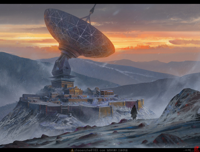 clouds, cloudy_sky, di_qiu_wang_shi, enzhe_zhao, highres, mountain, outdoors, radio_telescope, rock, sky, snow, solo, stairs, twilight, very_wide_shot, ye_wenjie