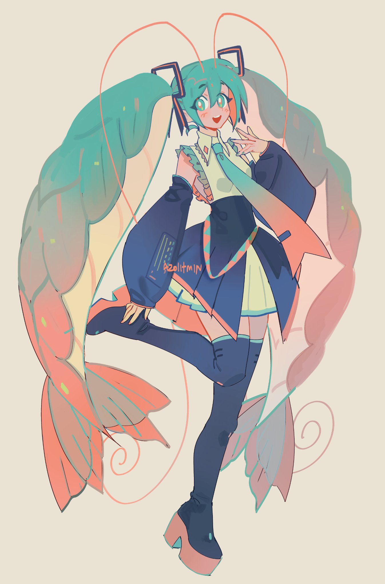 1girl, :d, antennae, azolitmin, bangs, belt, black_footwear, black_sleeves