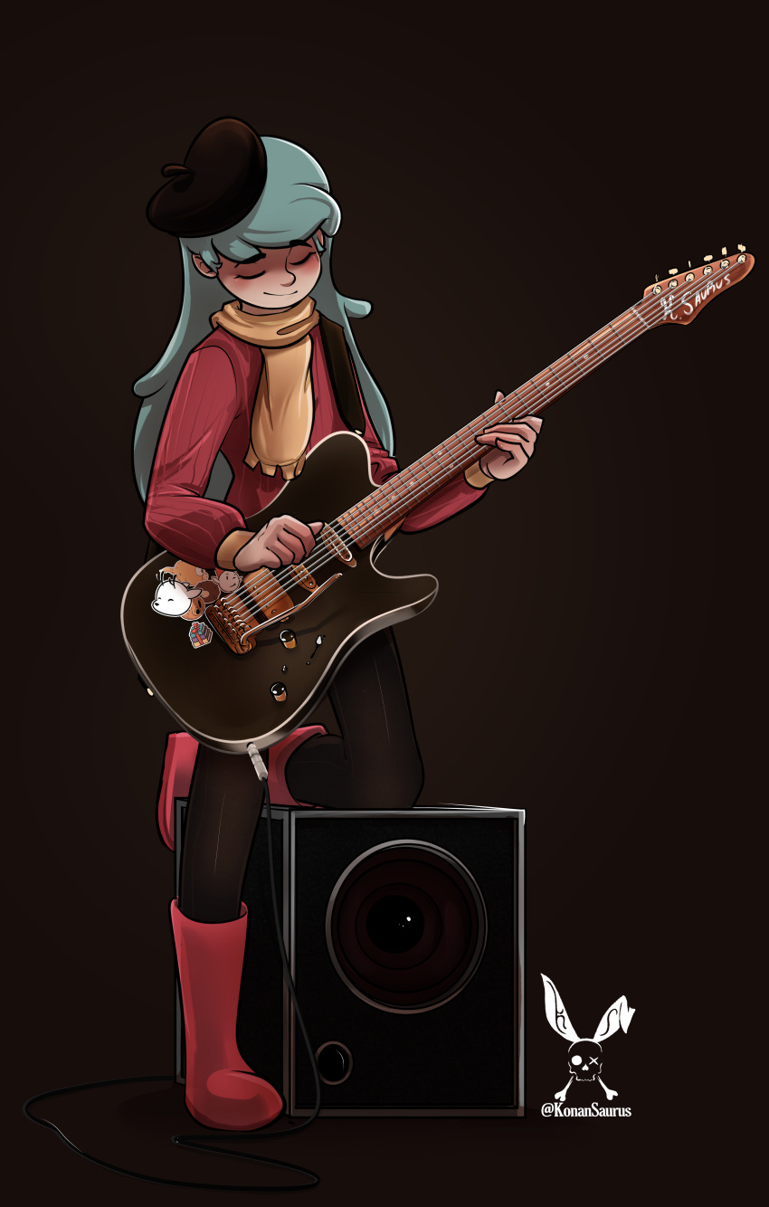 1girl, absurdres, amplifier, aqua_hair, bangs, beret, black_headwear, black_pantyhose, boots, closed_eyes, electric_guitar, guitar, hat, highres, hilda_(hilda), hilda_(series), holding, holding_instrument, instrument, konan_saurus, light_blush, long_hair, music, pantyhose, playing_instrument, pullover, red_footwear, red_pullover, scarf, signature, simple_background, smile, solo, sticker