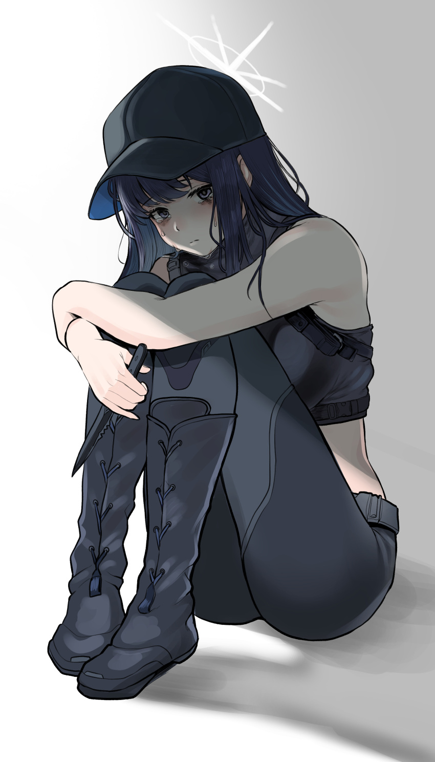 1girl, absurdres, bags_under_eyes, black_eyes, black_footwear, black_hair, black_pants, blue_archive