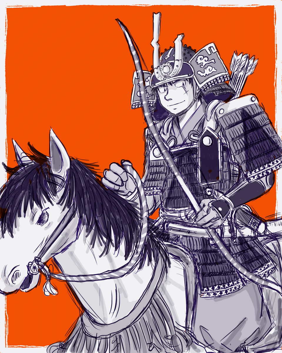 1boy, angolmois:_genkou_kassenki, armor, bow_(weapon), helmet, highres, holding, holding_bow_(weapon), holding_weapon, horseback_riding, japanese_armor, jinzaburo_kuchii, kabuto_(helmet), male_focus, orange_background, quiver, reins, riding, saddle, scar, scar_on_cheek, scar_on_face, solo, tako-meshi_(morimori), weapon