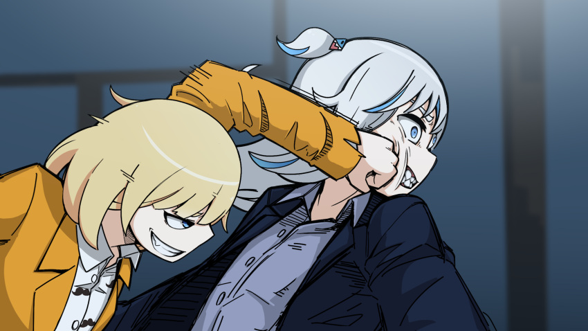 2girls, alternate_costume, arm_up, bangs, blonde_hair, blue_eyes, blue_hair, blue_jacket