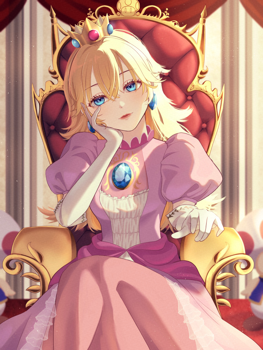 1girl, absurdres, blonde_hair, blue_eyes, crown, dress, earrings, elbow_gloves