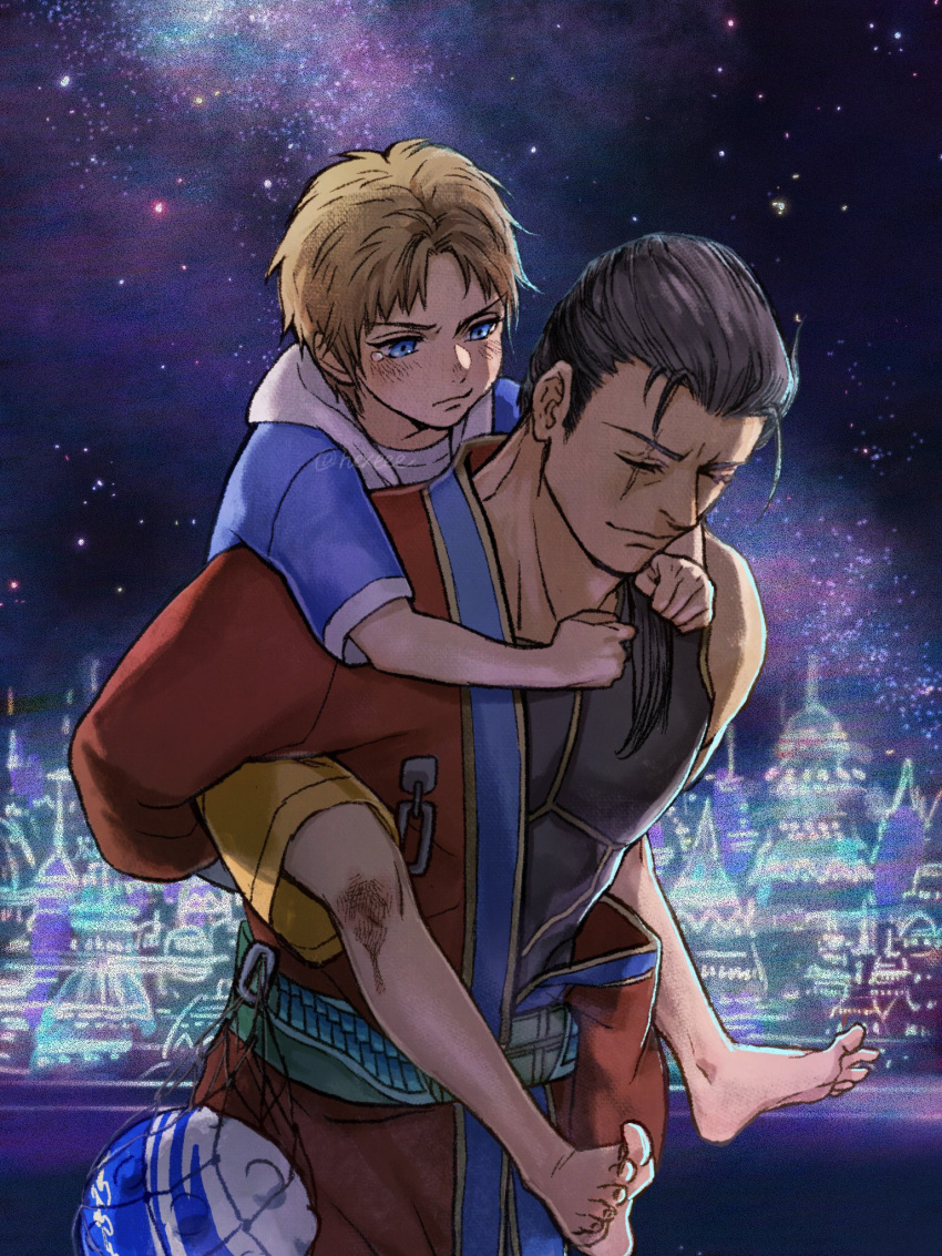 2boys, arms_around_neck, auron, bangs, barefoot, black_hair, black_tank_top, blitzball