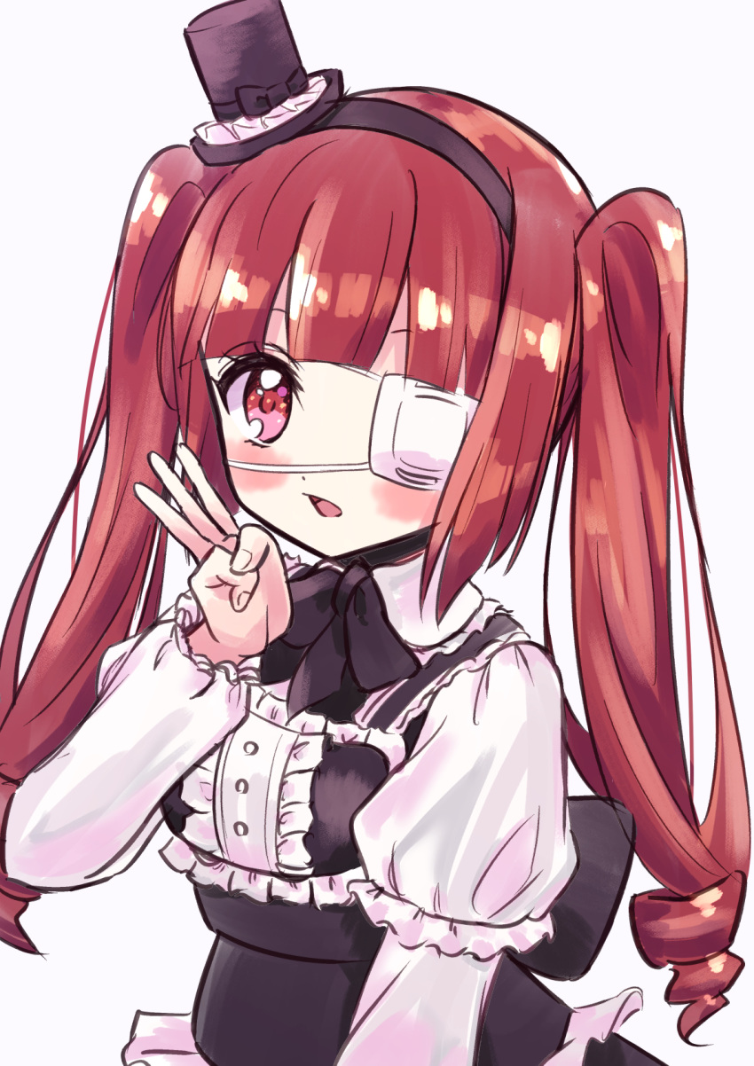 1girl, bangs, black_dress, blush, commentary_request, dress, eyepatch, frills, gothic_lolita, hairband, hanazono_yurine, hat, highres, hihkunhihkun, jashin-chan_dropkick, lolita_fashion, long_hair, long_sleeves, looking_at_viewer, medical_eyepatch, mini_hat, mini_top_hat, open_mouth, puffy_long_sleeves, puffy_sleeves, red_eyes, redhead, shirt, simple_background, solo, top_hat, twintails, upper_body, w, white_background, white_shirt