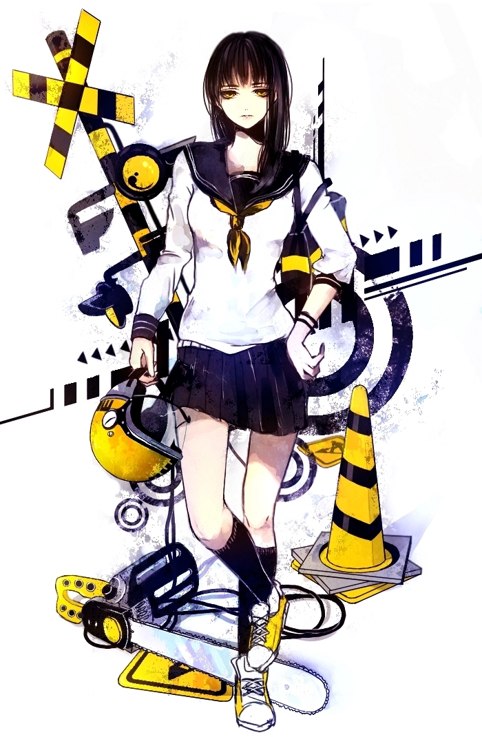 black_hair, black_kneehighs, black_legwear, chainsaw, hand_on_hip, helmet, kneehighs, kudo_raichi