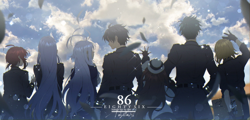 2boys, 5girls, 86_-eightysix-, ahoge, anju_emma, antenna_hair, black_hair, blonde_hair