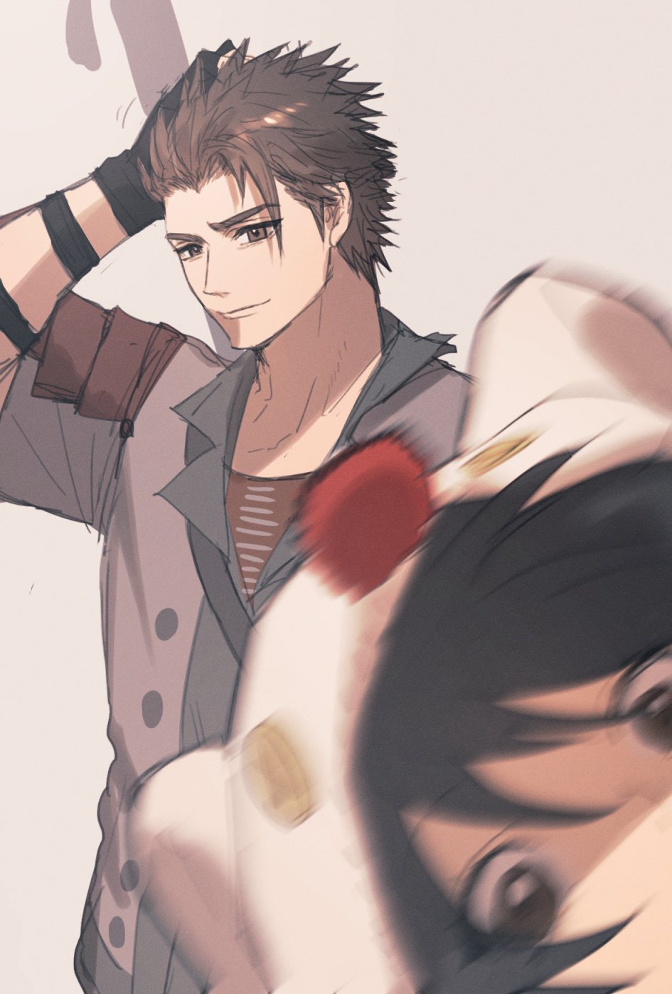 1boy, 1girl, ah_yoshimizu, animal_hood, arm_strap, black_gloves, black_hair, blurry