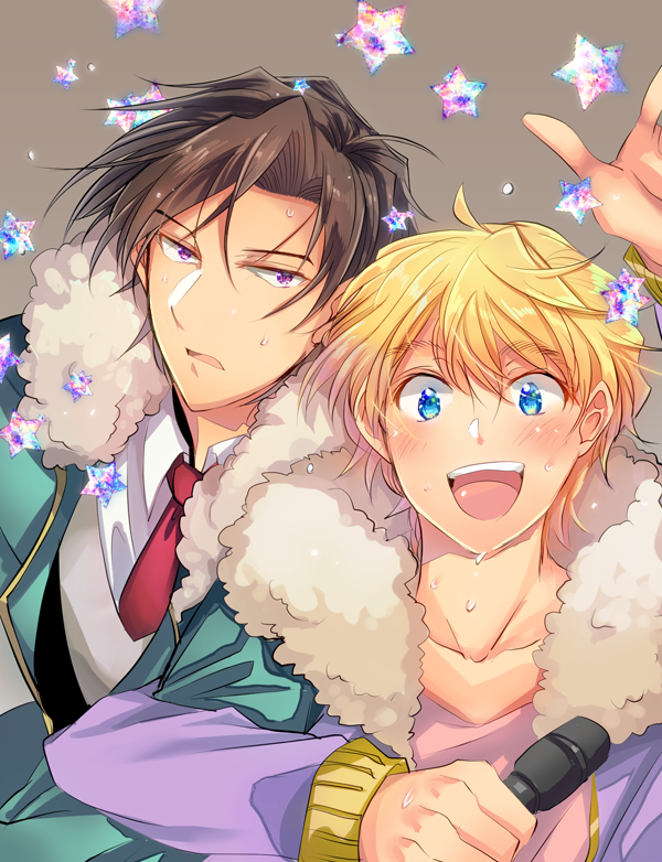 2boys, blonde_hair, blue_eyes, blush, brown_hair, fur_trim, grey_background, hair_between_eyes