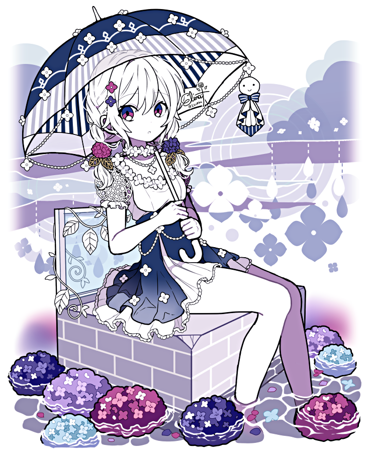 1girl, bangs, bench, blue_skirt, blue_umbrella, braid, clouds, colored_skin