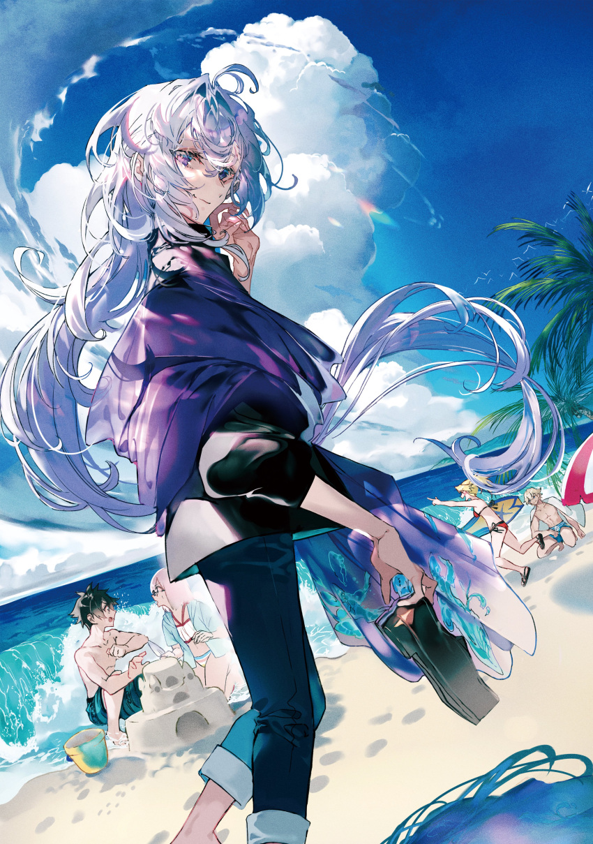 2girls, 3boys, absurdres, ahoge, bangs, bare_shoulders, beach, bikini