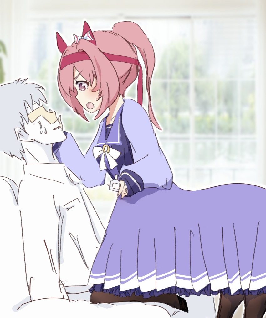 1boy, 1girl, absurdres, animal_ears, centaur, commentary_request, ear_covers, eyedrops
