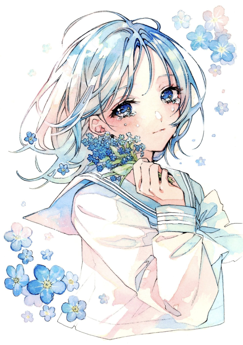 1girl, bangs, blue_eyes, blue_flower, blue_hair, blue_ribbon, blue_sailor_collar, blue_theme