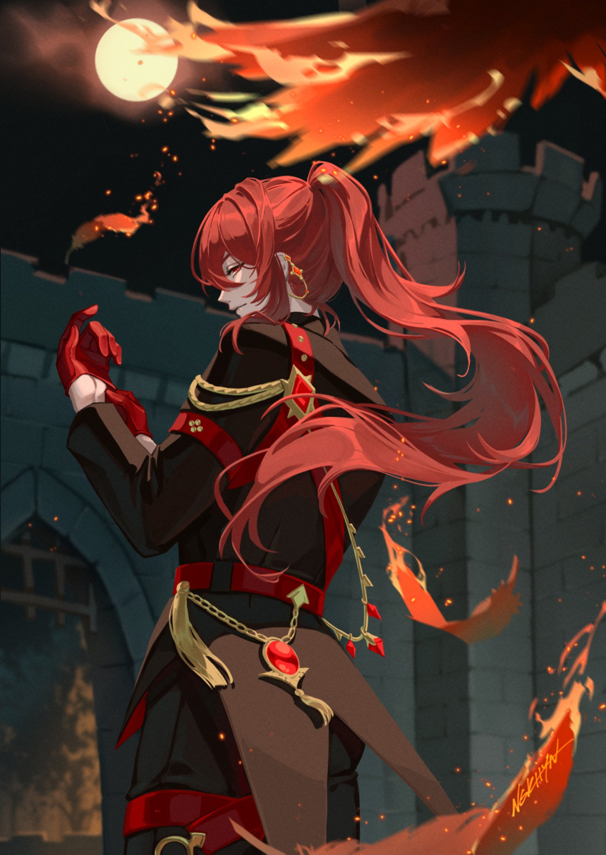 1boy, artist_name, bangs, black_jacket, black_pants, blurry, blurry_background, castle