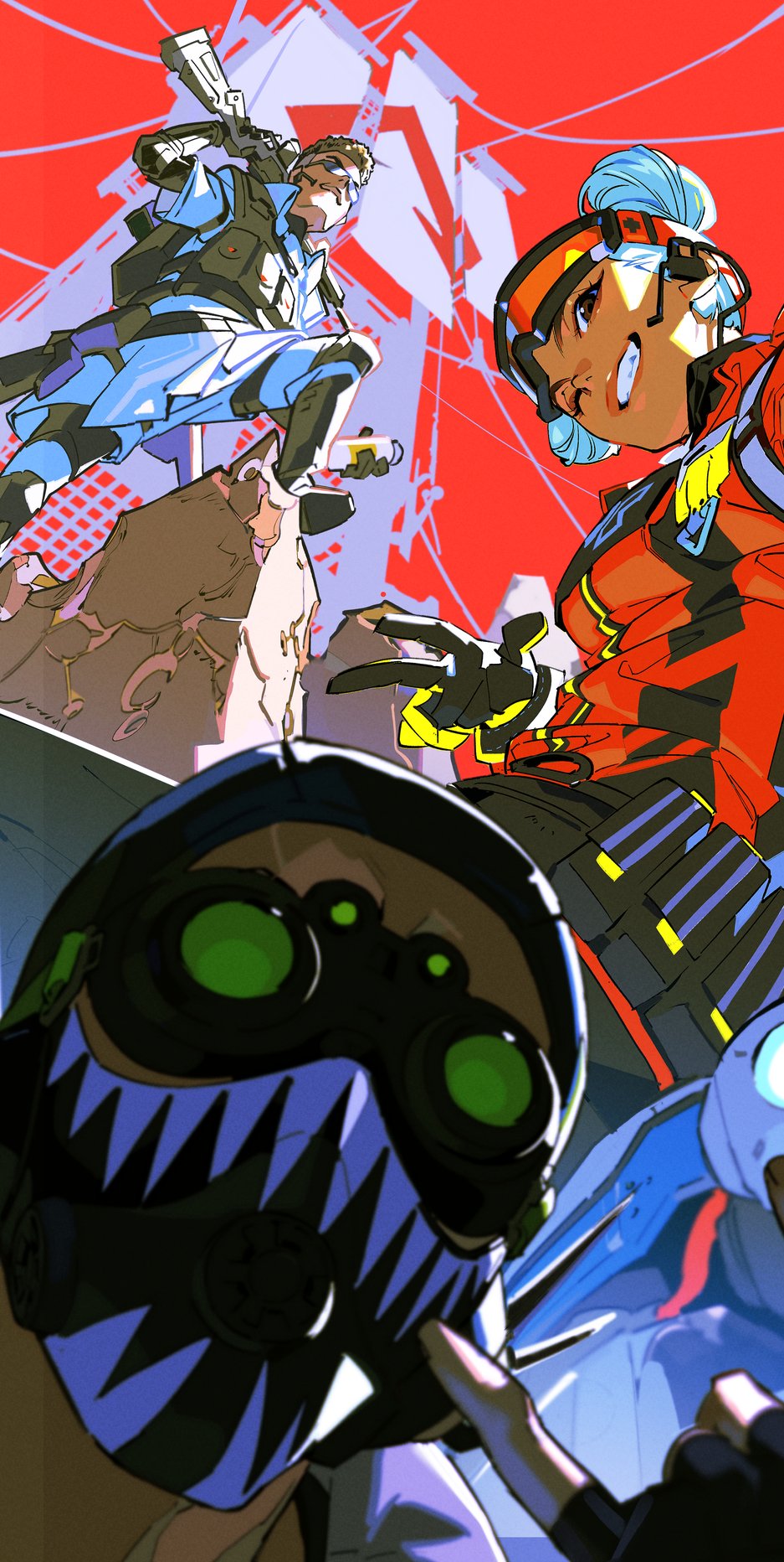 1boy, 2girls, \m/, animification, apex_legends, bangalore_(apex_legends), black_footwear, black_gloves, black_headwear, blue_hair, blue_jacket, blue_pants, boots, d.o.c._health_drone, dark-skinned_female, dark_skin, double_bun, fingerless_gloves, from_below, g7_scout, gloves, goggles, goggles_on_head, gun, hair_bun, head_tilt, headset, highres, holding, holding_gun, holding_weapon, jacket, lifeline_(apex_legends), looking_at_viewer, looking_down, multiple_girls, octane_(apex_legends), official_alternate_costume, one_eye_closed, pants, red_jacket, short_hair, smile, sunglasses, the_enforcer_bangalore, v, vital_signs_lifeline, weapon, yoneyama_mai