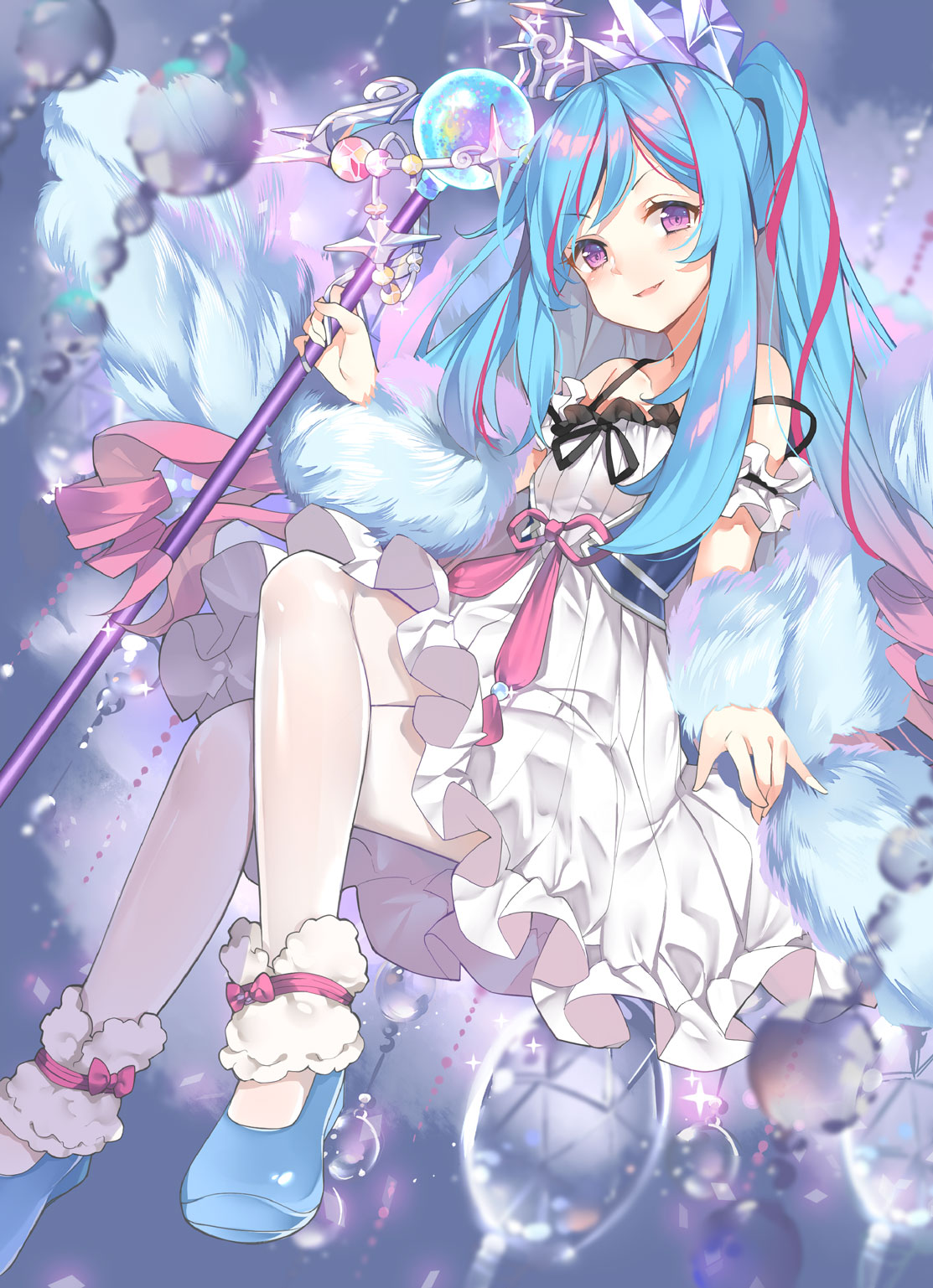 1girl, blue_footwear, blue_hair, braid, crystal, duel_monster, full_body, fur_scarf, gradient_hair, highres, holding, holding_staff, kikistark, lace_trim, long_hair, looking_at_viewer, multicolored_hair, rilliona_(yu-gi-oh!), side_braid, smile, staff, thigh-highs, very_long_hair, violet_eyes, witchcrafter_madame_verre, yu-gi-oh!