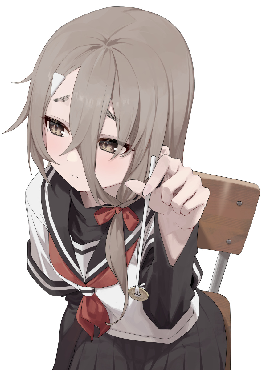 1girl, absurdres, black_sailor_collar, black_skirt, black_sleeves, brown_hair, chair, closed_mouth