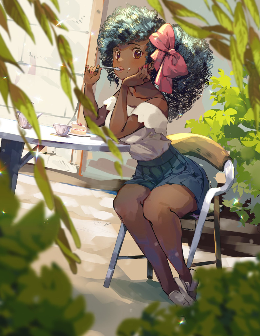 1girl, bare_arms, bare_legs, bare_shoulders, black_hair, blue_skirt, blurry, brown_eyes