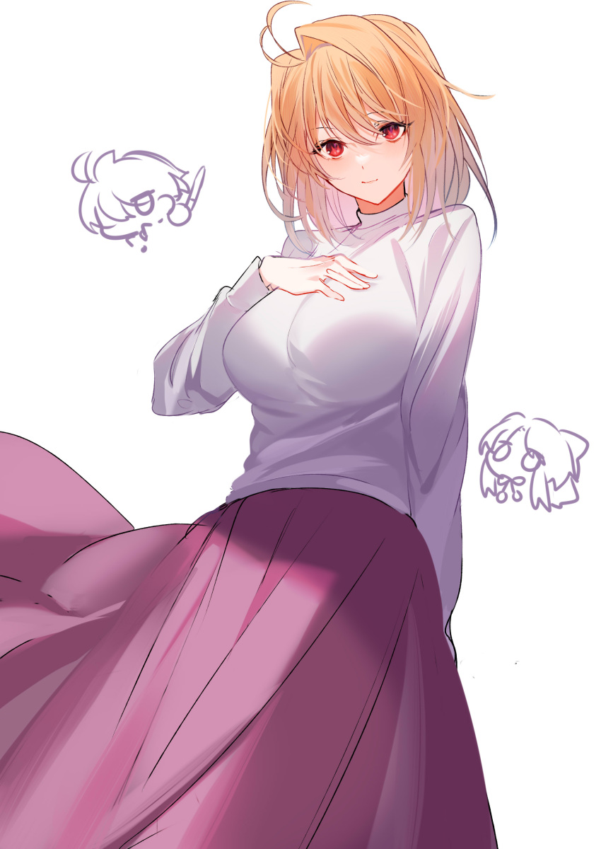 1boy, 2girls, absurdres, antenna_hair, arcueid_brunestud, bangs, blonde_hair, breasts, chibi, chibi_inset, closed_mouth, hair_intakes, hand_on_own_chest, highres, kuromonoka, large_breasts, len_(tsukihime), long_skirt, long_sleeves, looking_at_viewer, multiple_girls, pink_skirt, red_eyes, shirt, short_hair, skirt, solo_focus, tohno_shiki, tsukihime, white_background, white_shirt