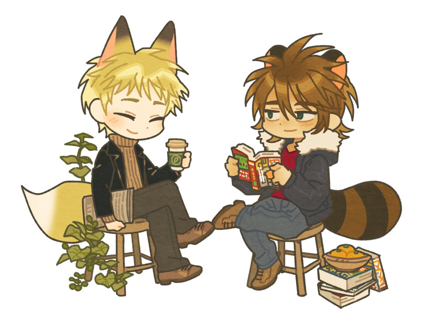 2boys, animal_ears, atou_haruki, black_jacket, blonde_hair, book, brown_footwear, brown_hair