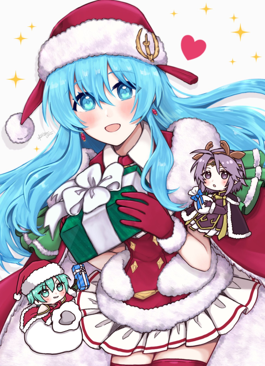 1girl, 2boys, alternate_costume, antler_ornament, aqua_eyes, aqua_hair, bangs, box