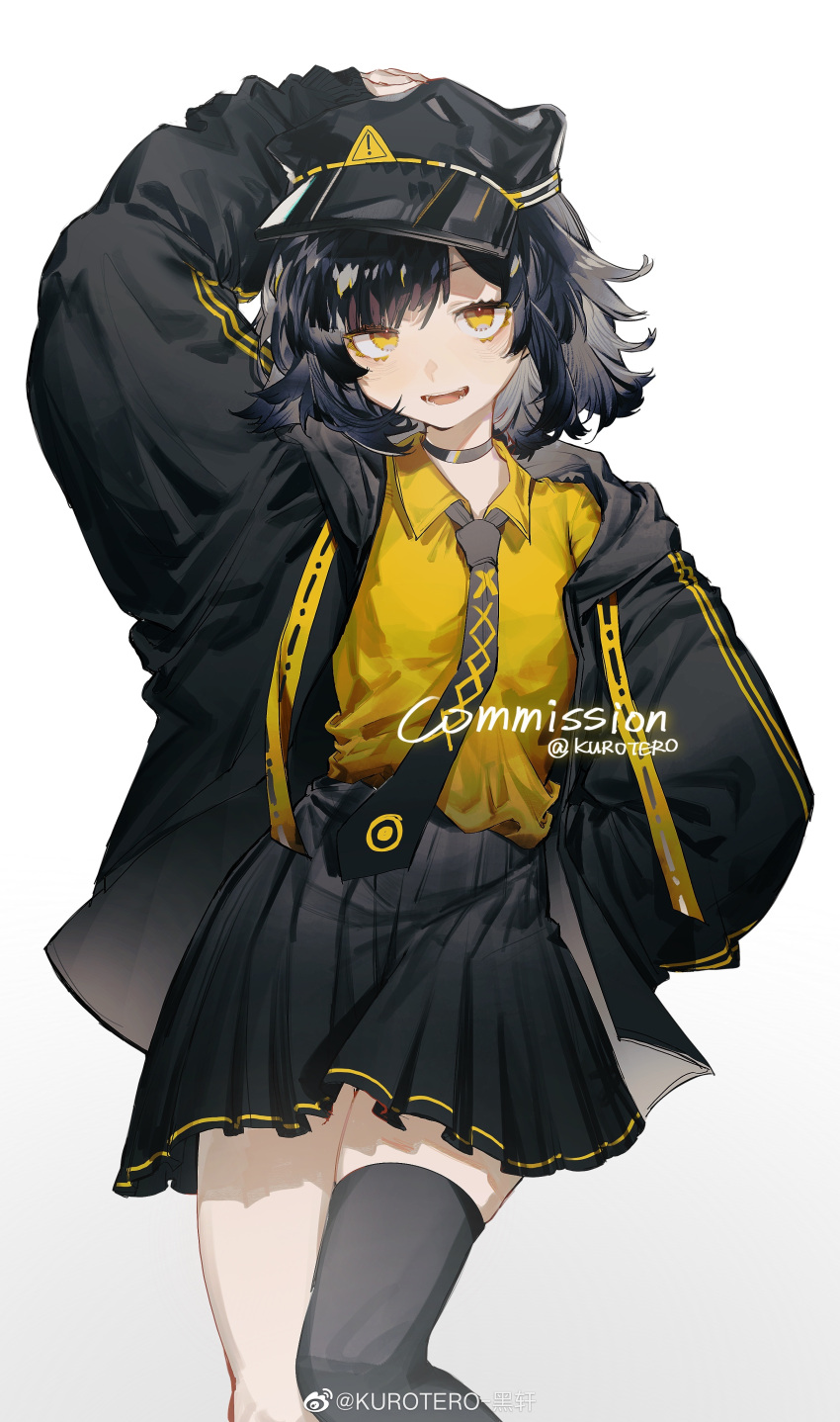 1girl, :d, absurdres, arm_up, asymmetrical_bangs, bangs, black_choker, black_hair