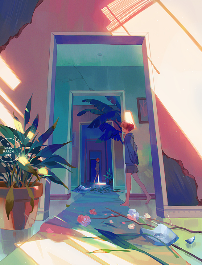 2boys, barefoot, blue_hoodie, branch, broken, carpet, chromatic_aberration, crack