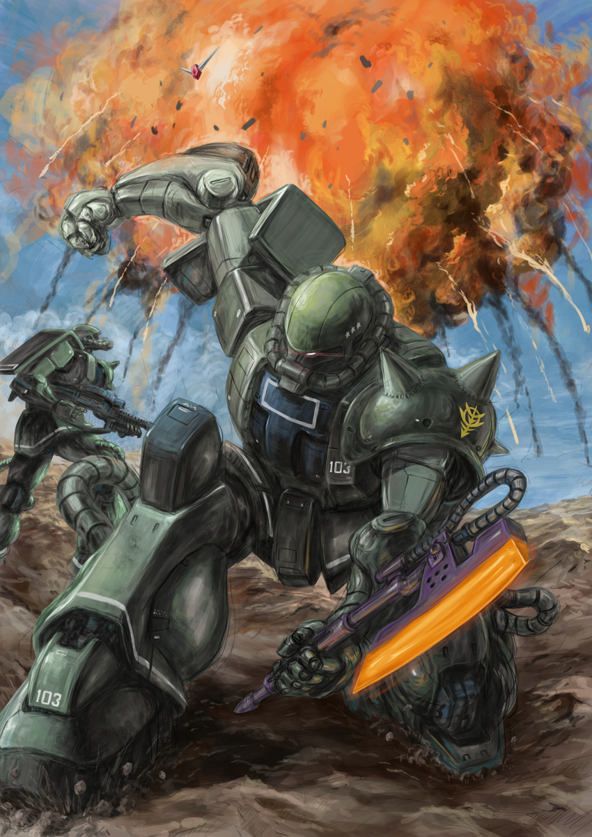 absurdres, bad_end, damaged, defeat, dirty, explosion, gun, gundam, heat_hawk, highres, jumping, machine_gun, mecha, military, mobile_suit, mobile_suit_gundam, no_humans, parody, radio_antenna, realistic, robot, role_reversal, roundel, rx-78-2, science_fiction, shield, weapon, zaku_ii, zandan_zero_to_na!?, zeon