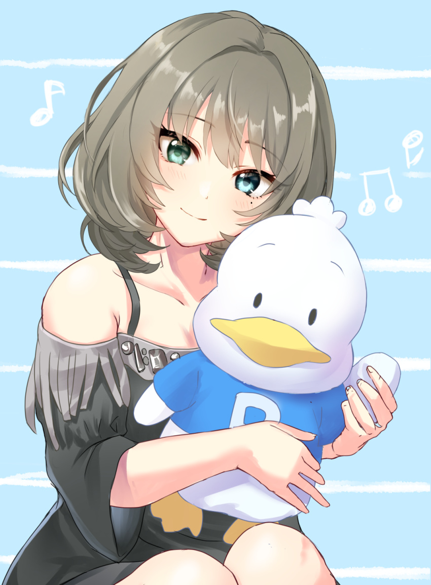 1girl, blue_background, blue_eyes, blush, brown_hair, chii_(sbshop), closed_mouth, collarbone, dress, green_eyes, grey_dress, hair_intakes, head_tilt, heterochromia, highres, idolmaster, idolmaster_cinderella_girls, long_hair, looking_at_viewer, mole, mole_under_eye, musical_note, off-shoulder_dress, off_shoulder, shiny, shiny_hair, short_dress, smile, solo, straight_hair, takagaki_kaede