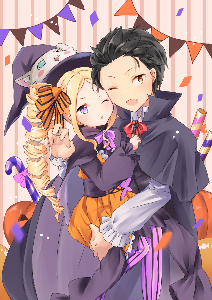 1boy, 1girl, beatrice_(re:zero), black_cape, black_capelet, black_hair, black_vest, blonde_hair, blue_eyes, bow, bowtie, butterfly-shaped_pupils, cape, capelet, chii_(sbshop), collared_shirt, d:, drill_hair, hair_bow, halloween, halloween_costume, hat, highres, long_hair, miniskirt, natsuki_subaru, one_eye_closed, orange_bow, orange_skirt, pantyhose, pink_bow, pink_bowtie, pink_pantyhose, puck_(re:zero), purple_headwear, re:zero_kara_hajimeru_isekai_seikatsu, red_bow, red_bowtie, shiny, shiny_hair, shirt, skirt, striped, striped_background, striped_bow, striped_pantyhose, twin_drills, twintails, vertical-striped_pantyhose, vertical_stripes, vest, white_shirt, wing_collar, witch_hat