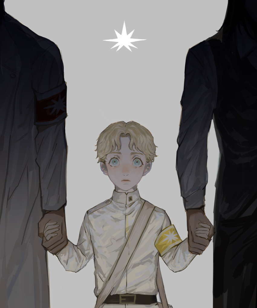 3boys, absurdres, armband, blonde_hair, blue_eyes, character_request, highres, holding_hands