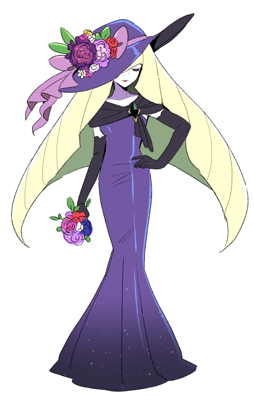 1girl, alternate_costume, black_gloves, blonde_hair, bouquet, closed_eyes, closed_mouth, commentary_request, dede_(qwea_00000), dress, elbow_gloves, eyelashes, flower, full_body, gloves, hat, hat_flower, highres, holding, holding_bouquet, korean_commentary, long_hair, lusamine_(pokemon), pokemon, pokemon_(game), pokemon_sm, purple_dress, purple_headwear, simple_background, smile, solo, standing, white_background