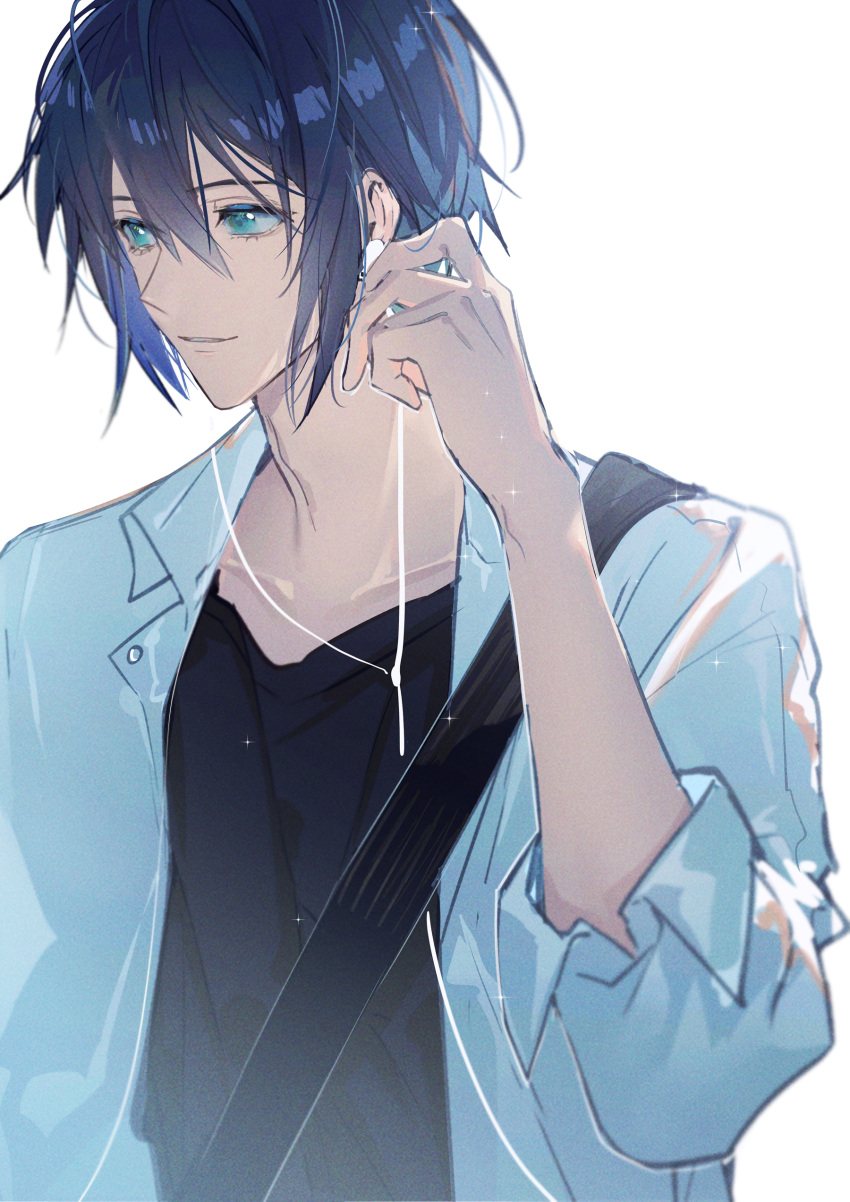 1boy, absurdres, adjusting_earphones, alternate_hairstyle, arm_up, bishounen, black_skirt, blue_hair