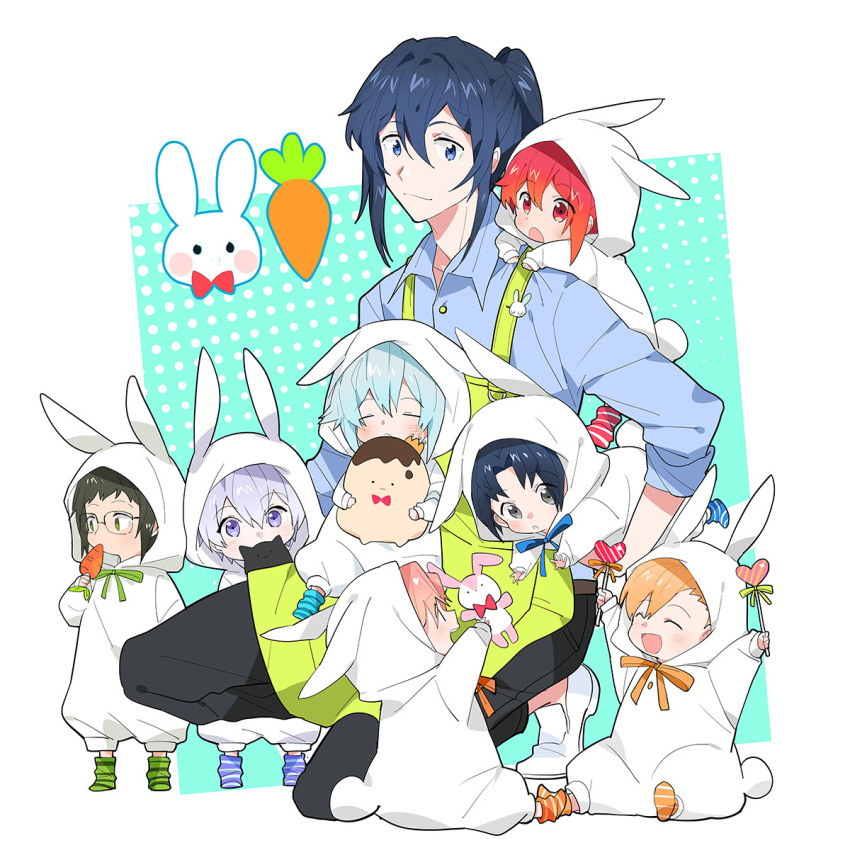 6+boys, animal_hood, babysitter, babywearing, bishounen, black_hair, blonde_hair, blue_eyes