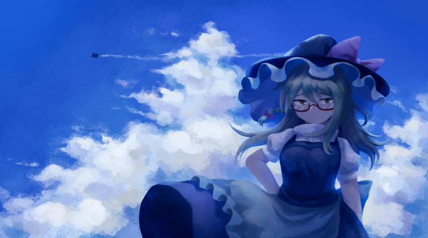 1girl, apron, back_bow, bangs, bespectacled, black_headwear, black_skirt, black_vest
