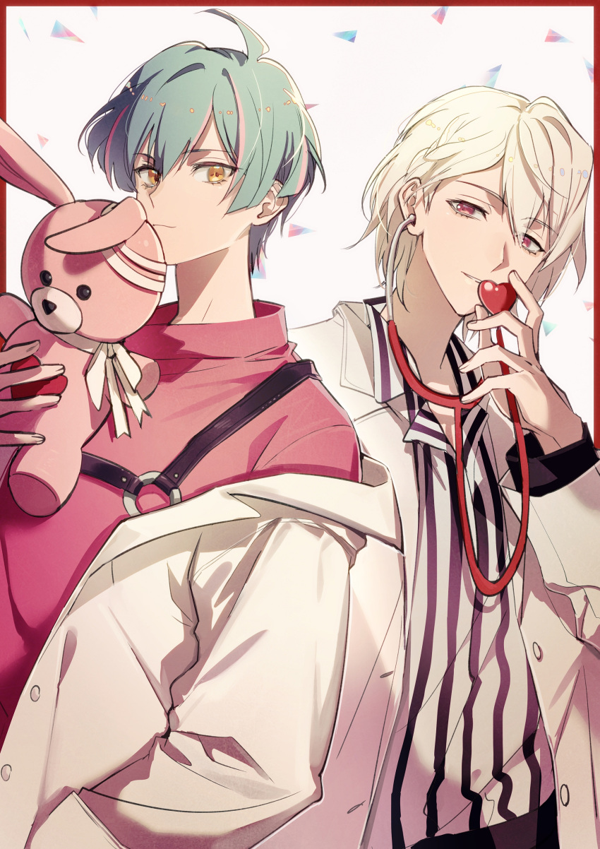 2boys, absurdres, ahoge, bishounen, blonde_hair, bow, collared_shirt, doran_(doran7280)