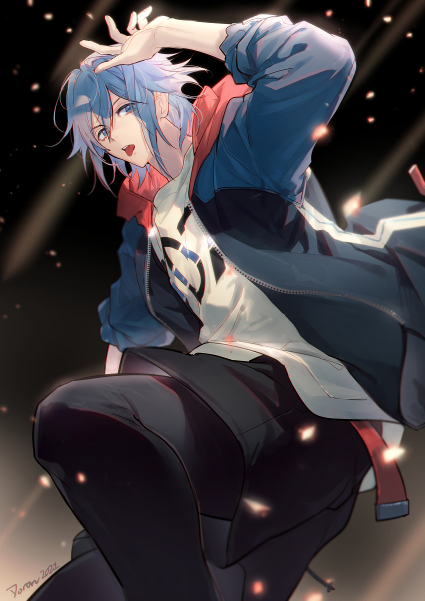 1boy, absurdres, bishounen, blue_eyes, blue_hair, doran_(doran7280), highres, hood