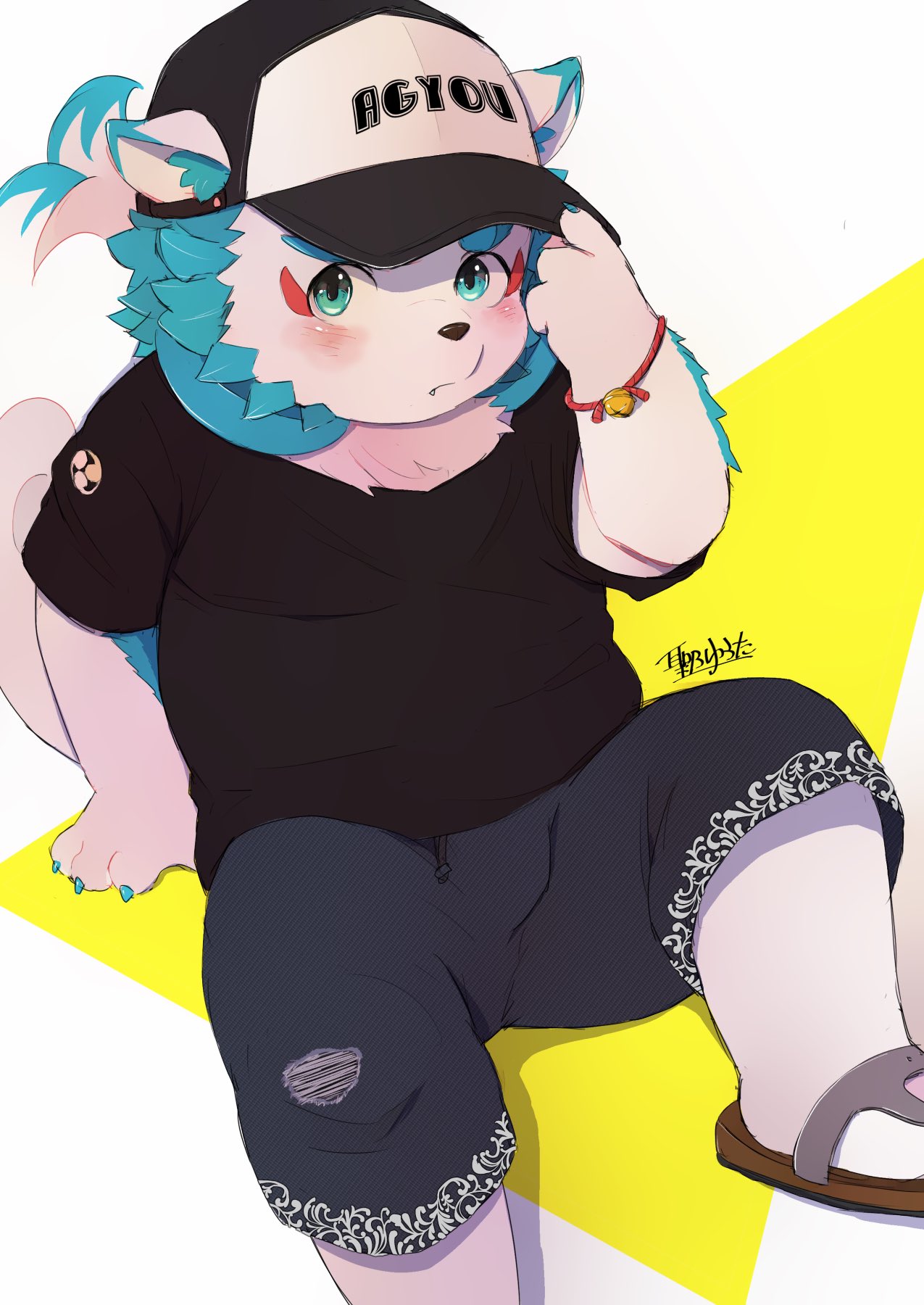 1boy, agyo_(housamo), animal_ears, animal_nose, aqua_fur, black_shirt, blue_eyes, blush