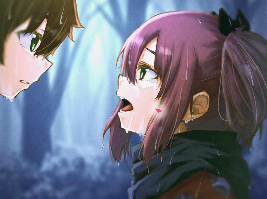 1boy, 1girl, bangs, black_bow, black_scarf, blurry, blurry_background, bow, brown_eyes, brown_hair, chuunibyou_demo_koi_ga_shitai!, eye_contact, forest, from_side, hair_bow, looking_at_another, nature, open_mouth, outdoors, parted_lips, purple_hair, scarf, takanashi_rikka, tears, teeth, togashi_yuuta, tongue, tree, tro_illust0821, wet
