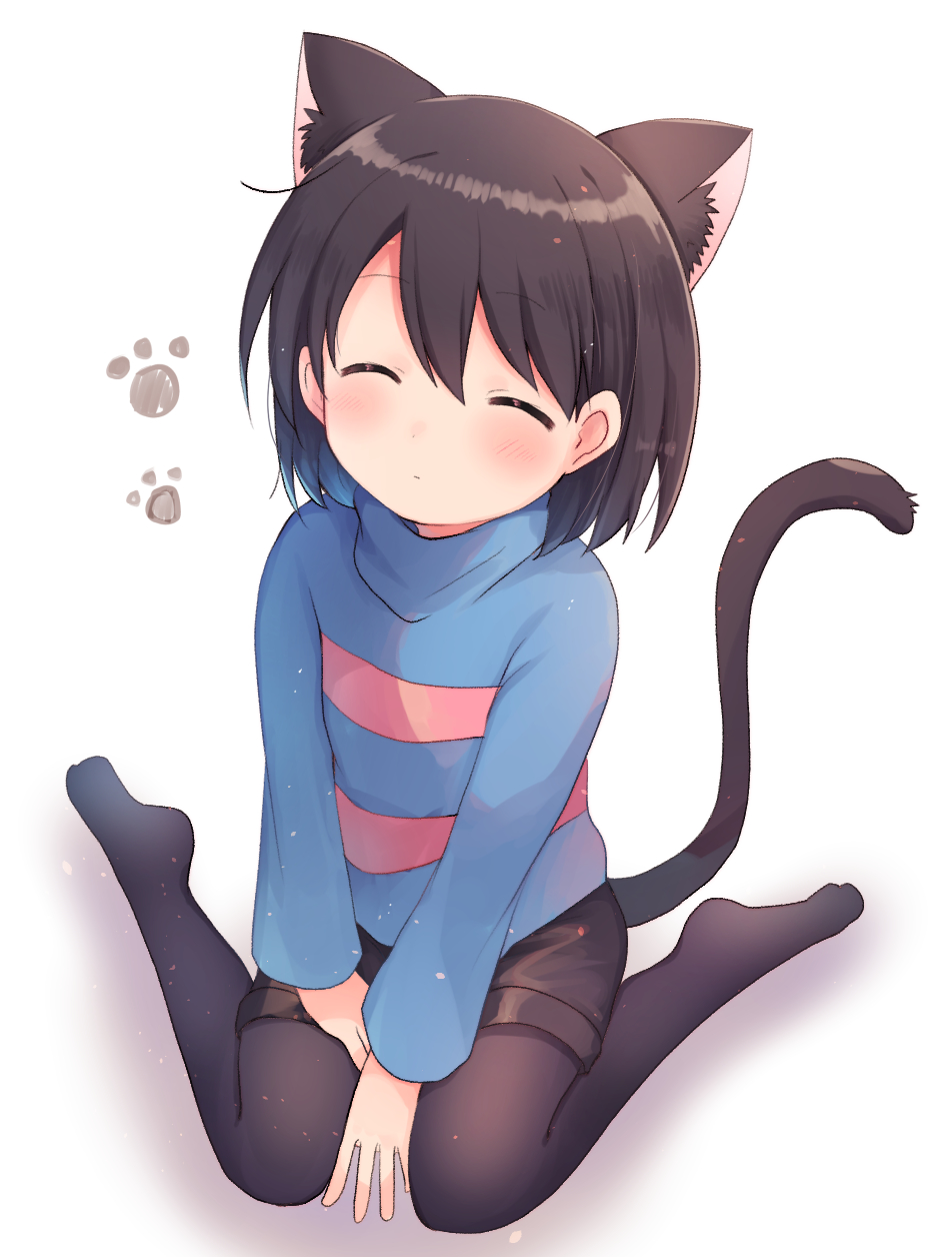 1girl, animal_ears, bangs, black_leggings, black_shorts, blue_sweater, brown_hair, cat_ears