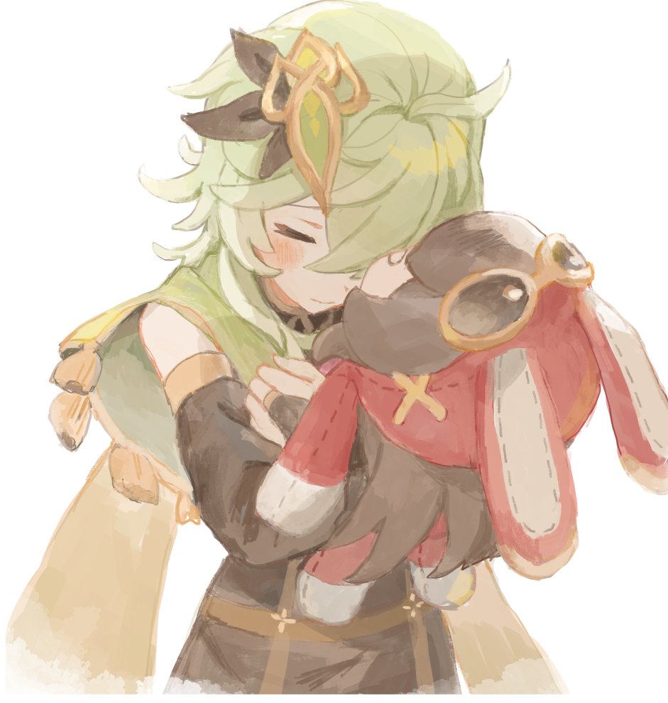 1girl, aahaha_(ydasige11), baron_bunny_(genshin_impact), blush, capelet, closed_eyes, closed_mouth, collei_(genshin_impact), cropped_torso, genshin_impact, green_capelet, green_hair, hair_ornament, medium_hair, object_hug, simple_background, solo, stuffed_animal, stuffed_bunny, stuffed_toy, white_background