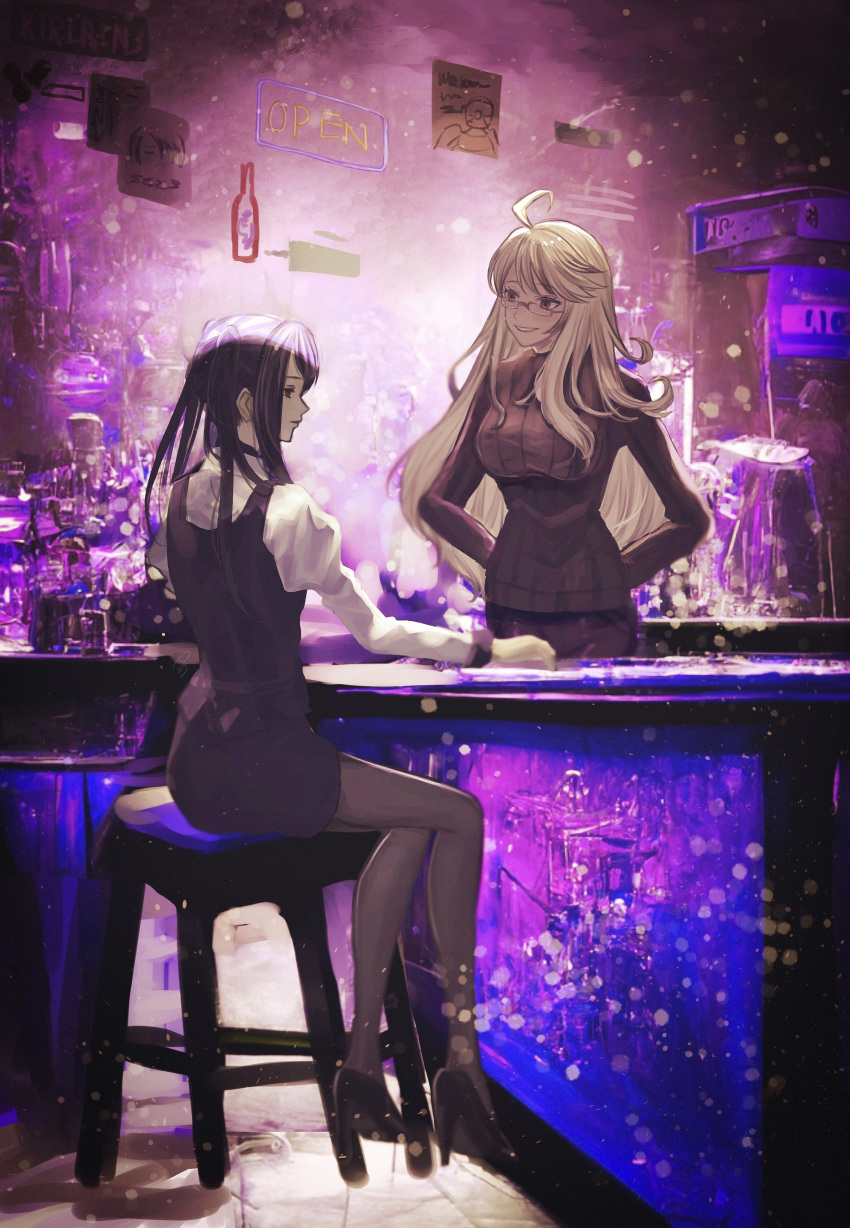 2girls, absurdres, ahoge, alcohol, alma_armas, bar, bar_stool, bartender, blonde_hair, bottle, commentary_request, counter, drawing, english_text, happy, high_heels, highres, jill_stingray, liquor, long_hair, multiple_girls, open_sign, purple_hair, role_reversal, sad, spoilers, stool, sweater, takai_misa, twintails, va-11_hall-a, wine_bottle