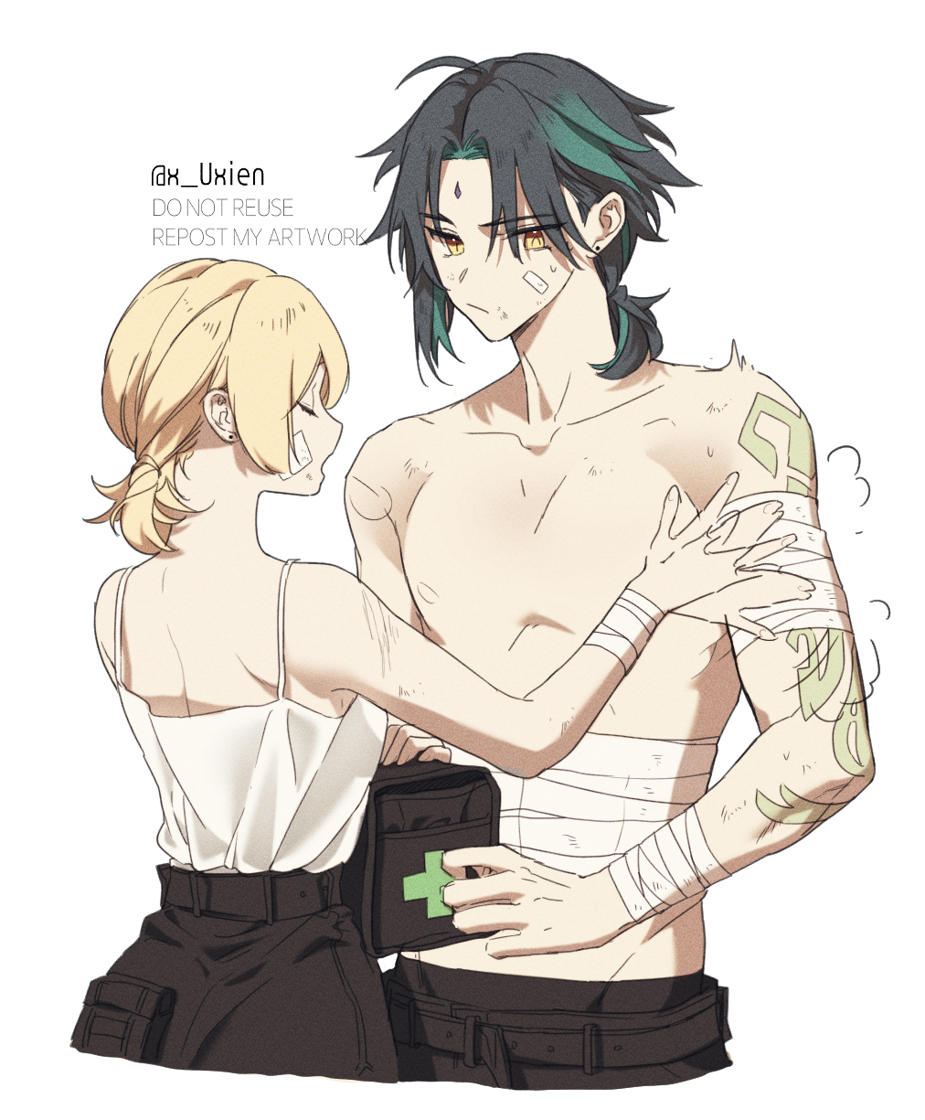 1boy, 1girl, :/, ahoge, alternate_height, arm_tattoo, bandaged_arm, bandaged_wrist, bandages, bandaid, bandaid_on_face, bangs, black_hair, closed_eyes, closed_mouth, collarbone, english_commentary, facial_mark, forehead_mark, genshin_impact, gradient_hair, green_hair, highres, looking_at_viewer, lumine_(genshin_impact), multicolored_hair, open_mouth, parted_bangs, short_ponytail, sigh, simple_background, tank_top, tattoo, topless_male, twitter_username, uxien, white_background, white_tank_top, xiao_(genshin_impact)