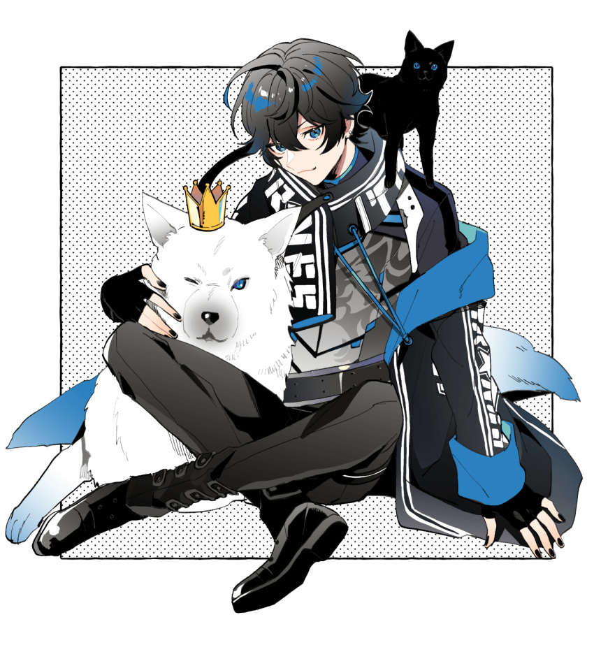 1boy, :3, animal_on_shoulder, axia_krone, black_cat, black_footwear, black_gloves, black_hair