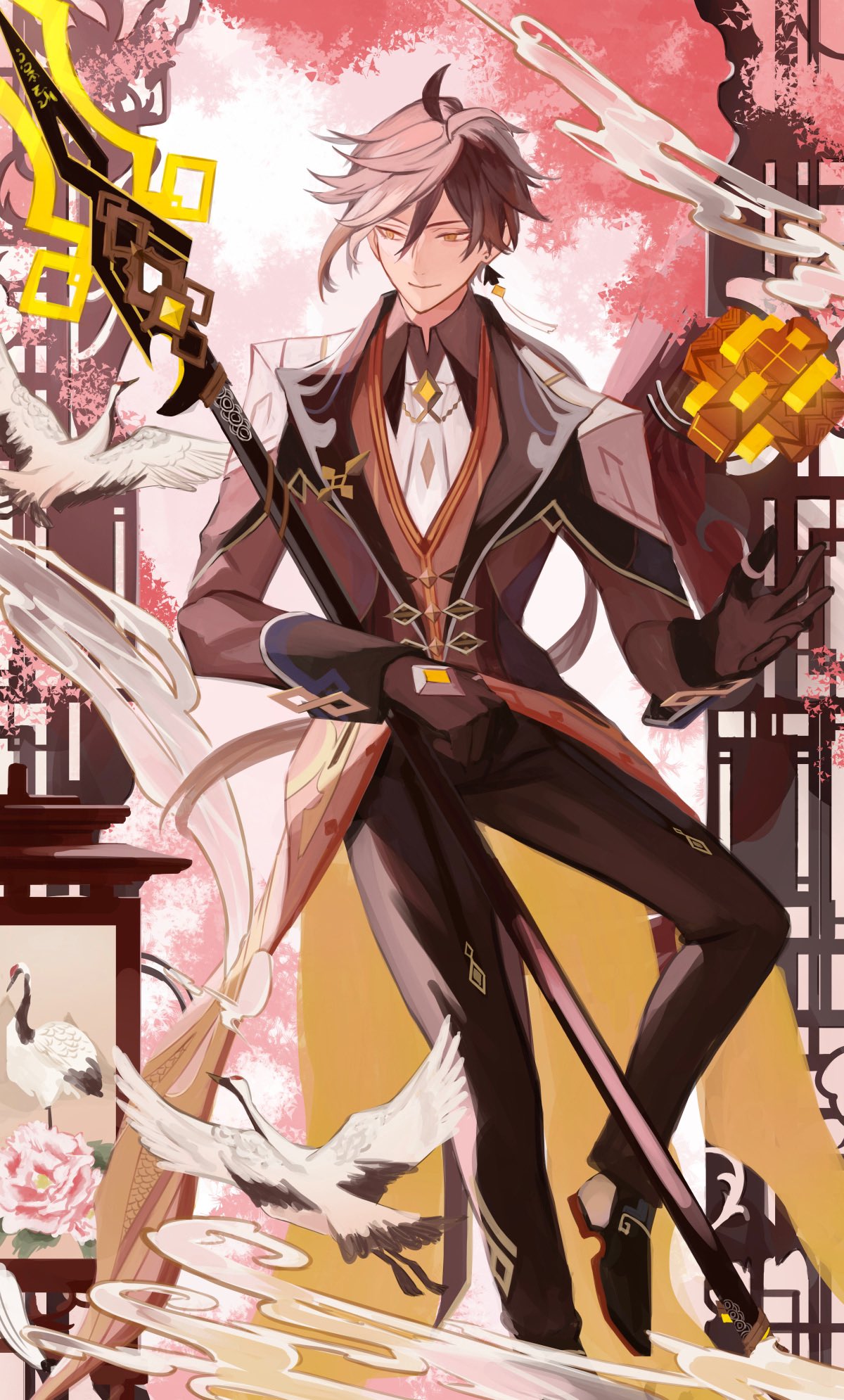 1boy, antenna_hair, bangs, black_footwear, black_gloves, brown_hair, brown_jacket, chinese_clothes