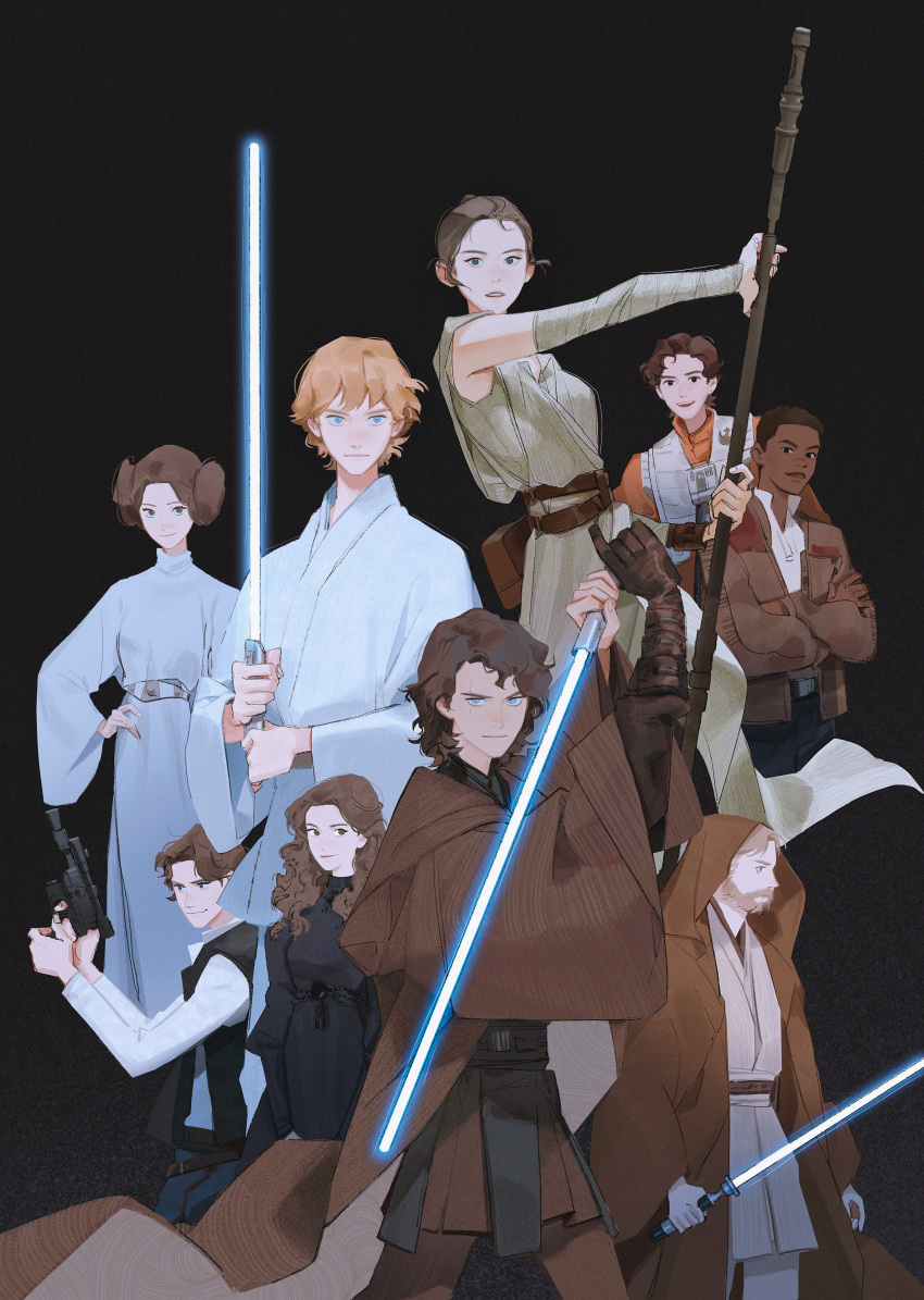 3girls, 6+boys, absurdres, anakin_skywalker, bandaged_arm, bandages, bangs, bare_shoulders