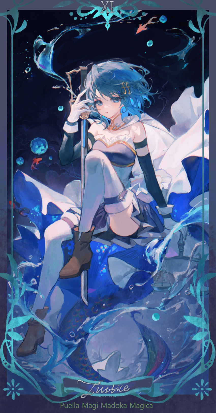 absurdres, bangs, blue_background, blue_hair, border, cape, framed, highres