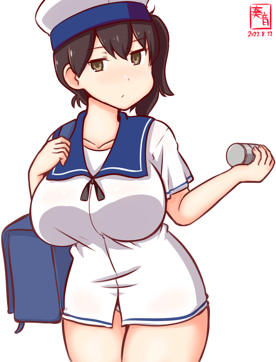 1girl, artist_logo, bag, blue_sailor_collar, breasts, brown_eyes, brown_hair, cat_cutout